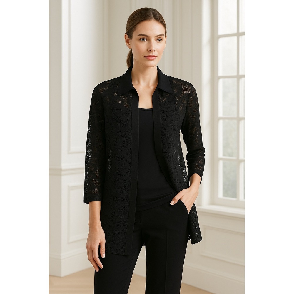 Misook Shirt Women‎ Small Black Sheer Knit Fleur Collared Open Whimsigoth Preppy